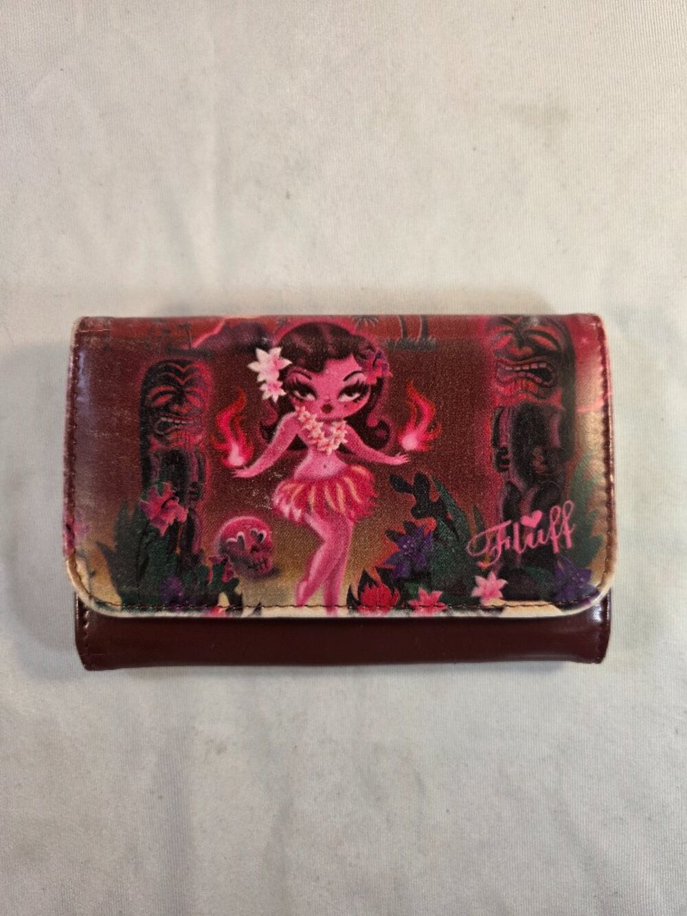 Miss Fluff Snap Clutch Metal Frame Wallet Tiki Island Pinup Girl Pink Red Black
